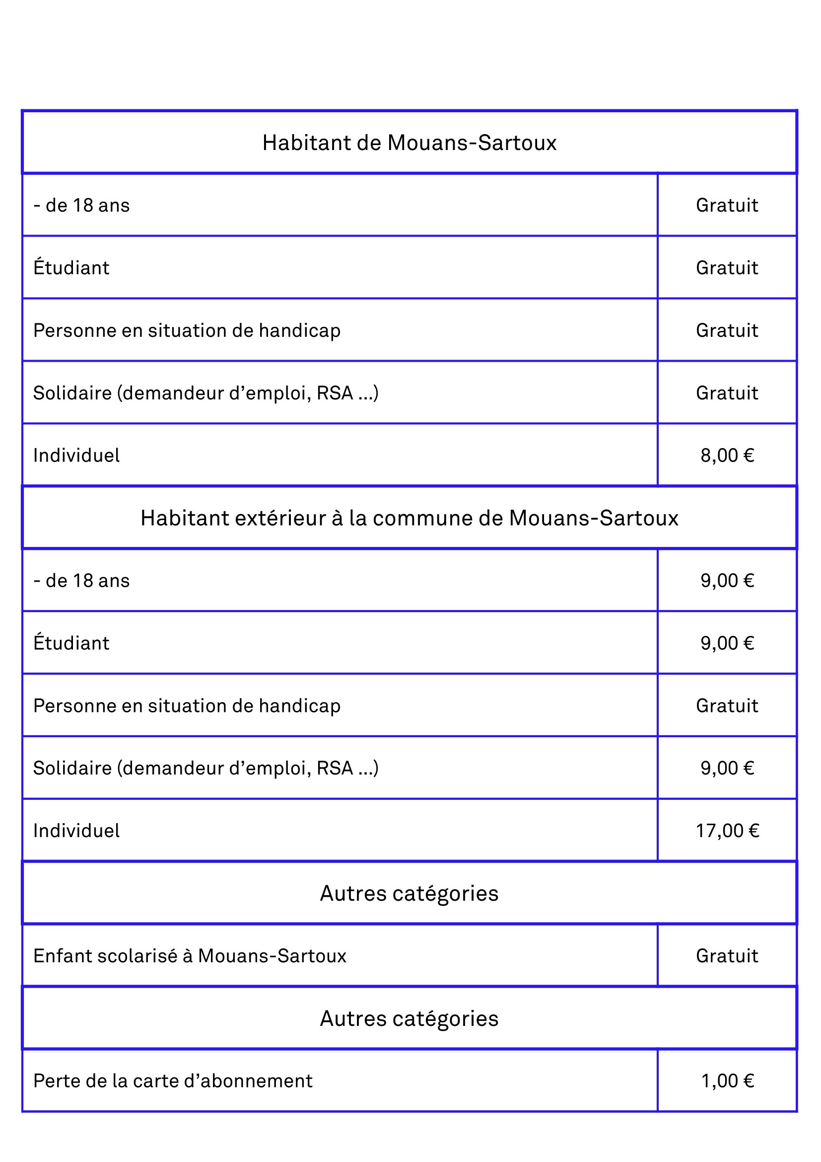 Tableau de tarification Médiathèque Mouans Sartoux